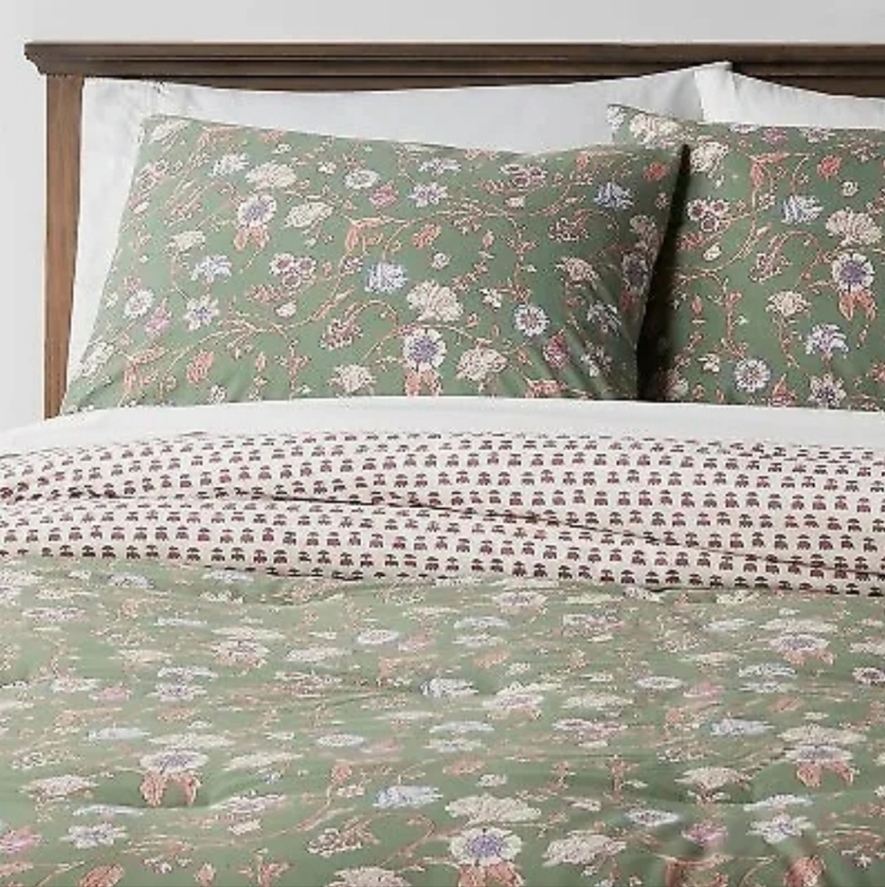 Long Boho Full Queen Reversible Comforter & Sham 3pc Set Green Threshold